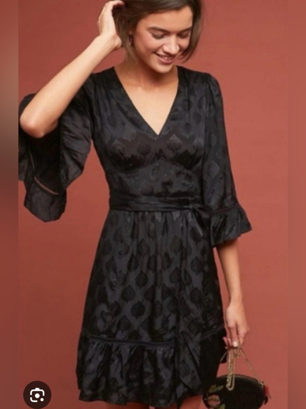 Anthropologie Maeve Dress Christine Black Belted V-Neck Bell Sleeve size 4